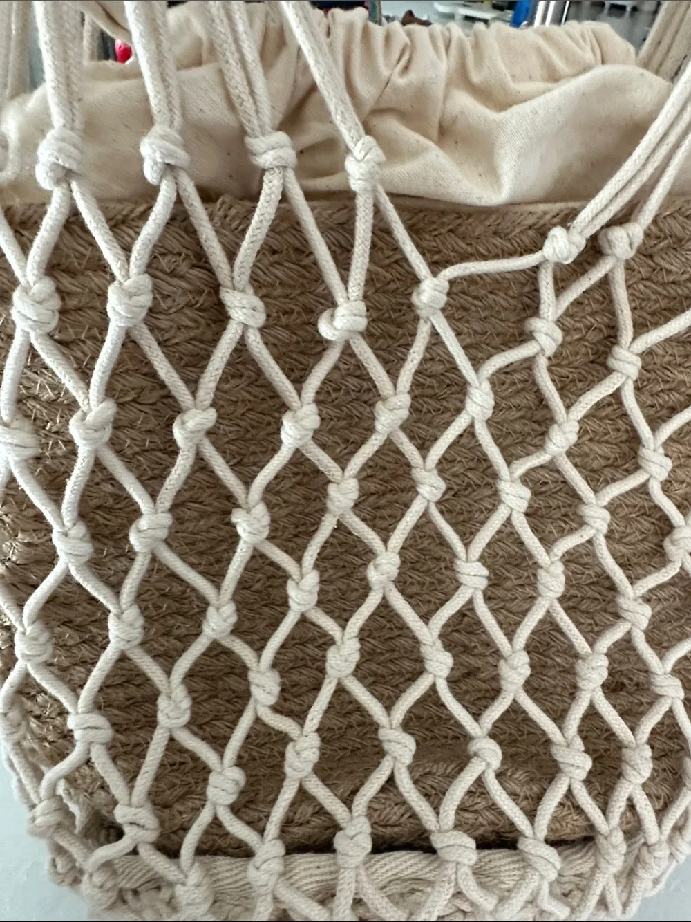 Crocheted Mesh & Straw bucket bag